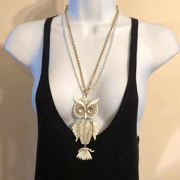 Big owl pendant double chain, necklace free bracelet boho festival statement - Picture 2 of 7